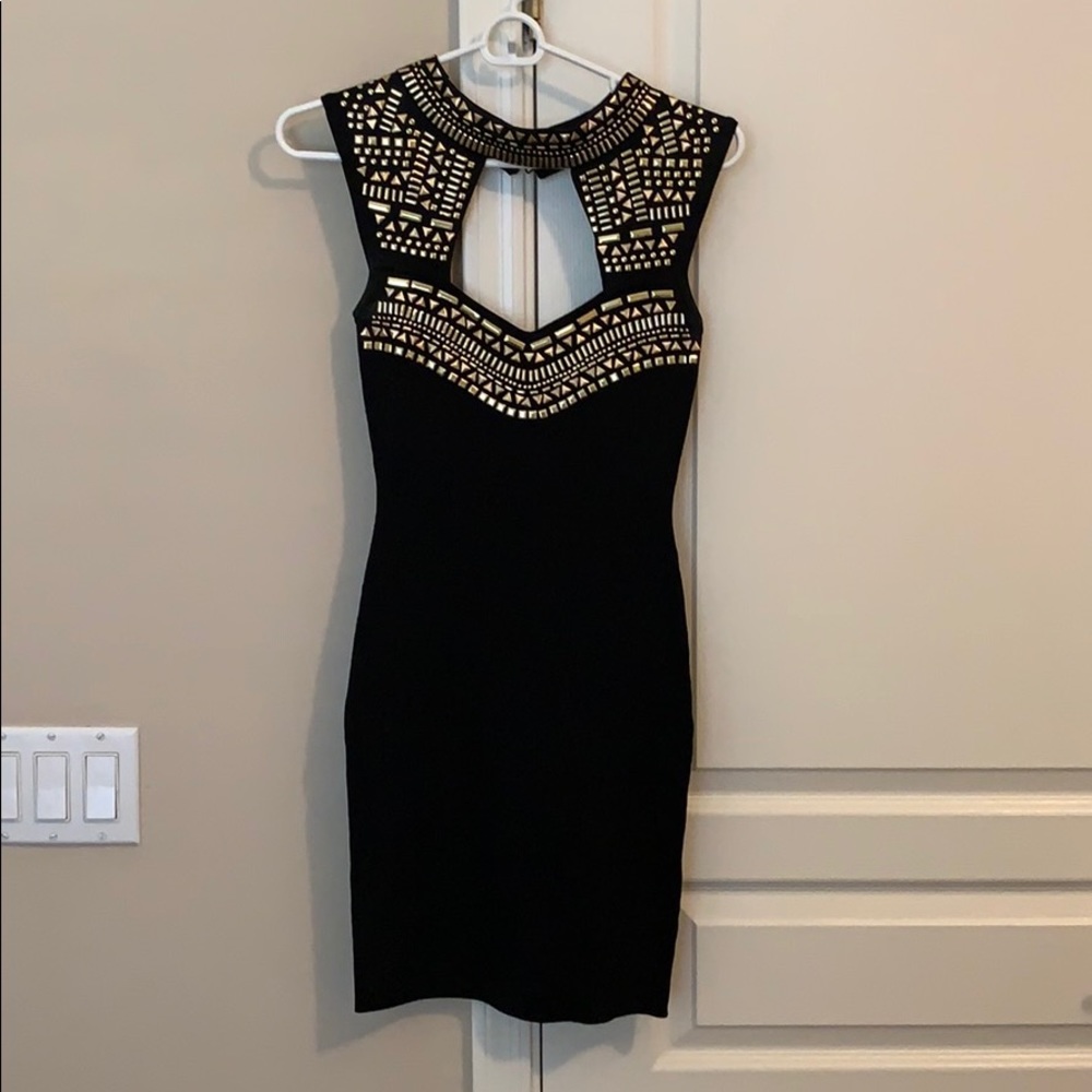Bebe black dress with gold embellishments
